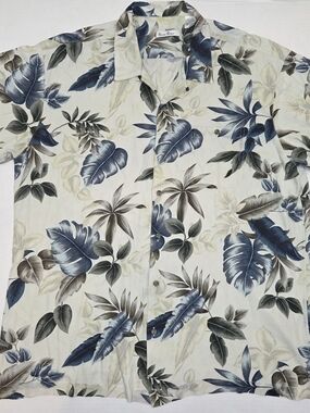 Burma Bibas 100% Silk Shirt with Blue and Tan Tropical Leaves